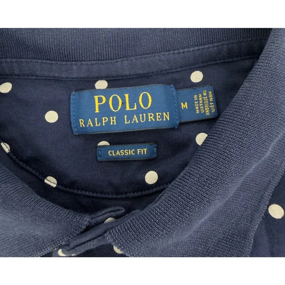 Polo Ralph Lauren Polo Shirt Mens Medium Blue Classic Fit Polka Dots Golf‎ Pony